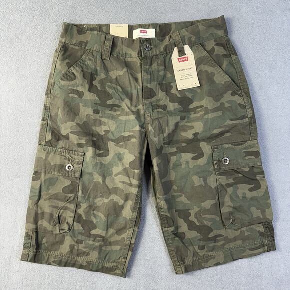 Levis Shorts Boys 16 Reg 28W Green Camo Ripstop Cargo 11" Inseam Stretch NEW - Picture 1 of 12